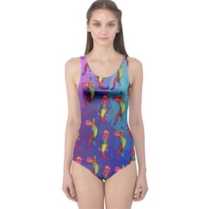Swimming costume scoop back.  Ottering Otters on purple / blue illustration swimsuit MADE TO ORDER