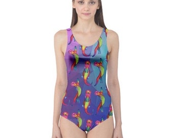 Swimming costume scoop back.  Ottering Otters on purple / blue illustration swimsuit MADE TO ORDER
