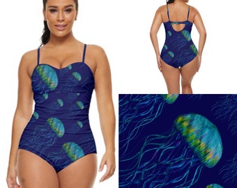 Retro full coverage swimming costume. Deep sea jellyfish on blue art swimsuit by Juliet Turnbull. MADE TO ORDER