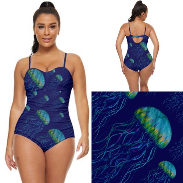Retro full coverage swimming costume. Deep sea jellyfish on blue art swimsuit by Juliet Turnbull. MADE TO ORDER