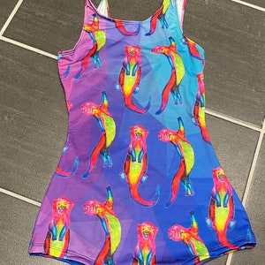 Scoop back shorts swimming costume. Otters Ottering on blue / purple art swimsuit by Juliet Turnbull. MADE TO ORDER image 8