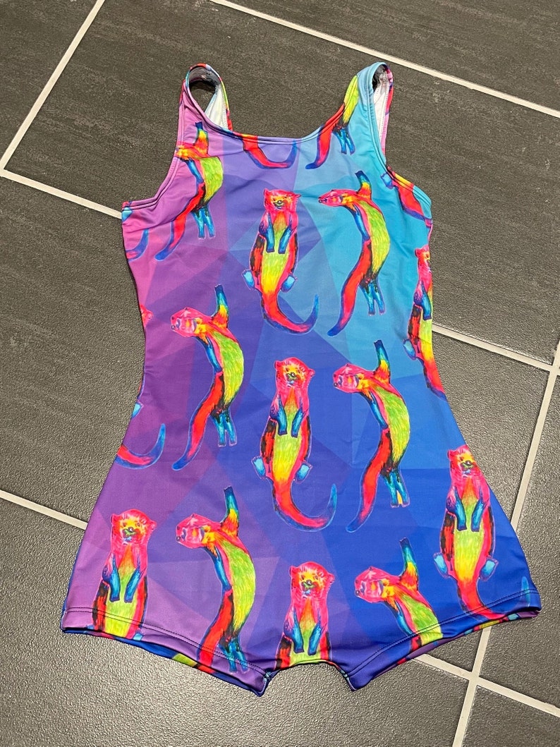 Scoop back shorts swimming costume. Otters Ottering on blue / purple art swimsuit by Juliet Turnbull. MADE TO ORDER image 8