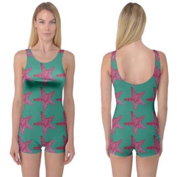 Scoop back shorts swimming costume. Pink starfish embroidery art swimsuit by Juliet Turnbull. MADE TO ORDER