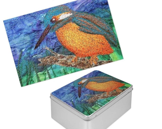 Featured listing image: 1000 piece jigsaw puzzle and tin.  Kingfisher bird gift set for river swimmers friends designed by Juliet Turnbull.  Made to order.