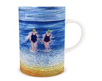 Ceramic or bone china Mug.  Winter swimming friends embroidery art print by Juliet Turnbull.