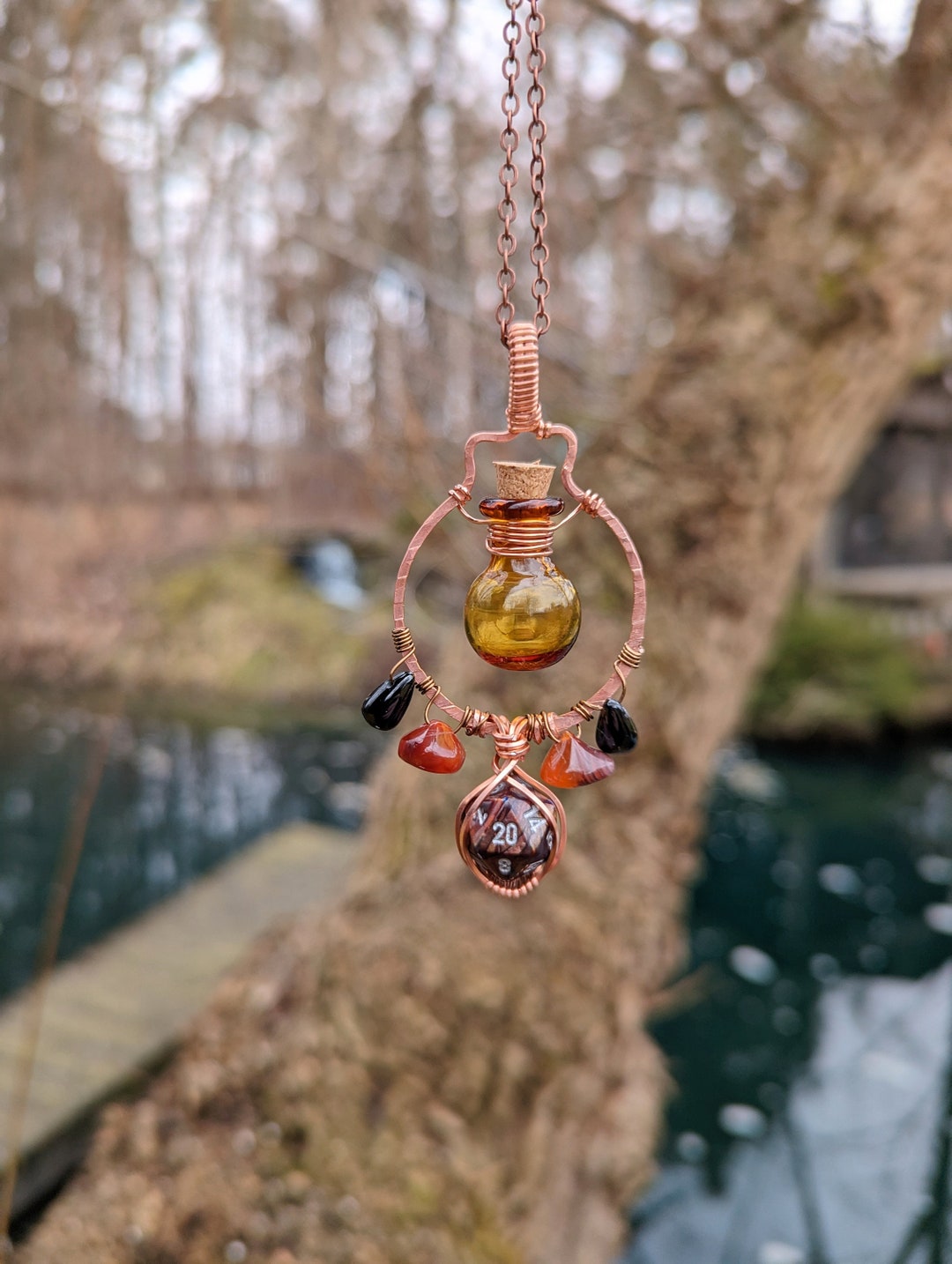 Nerdy Fairy Mini Jar Necklace, D20, Copper Wire Wrapped, Spell Jar, for