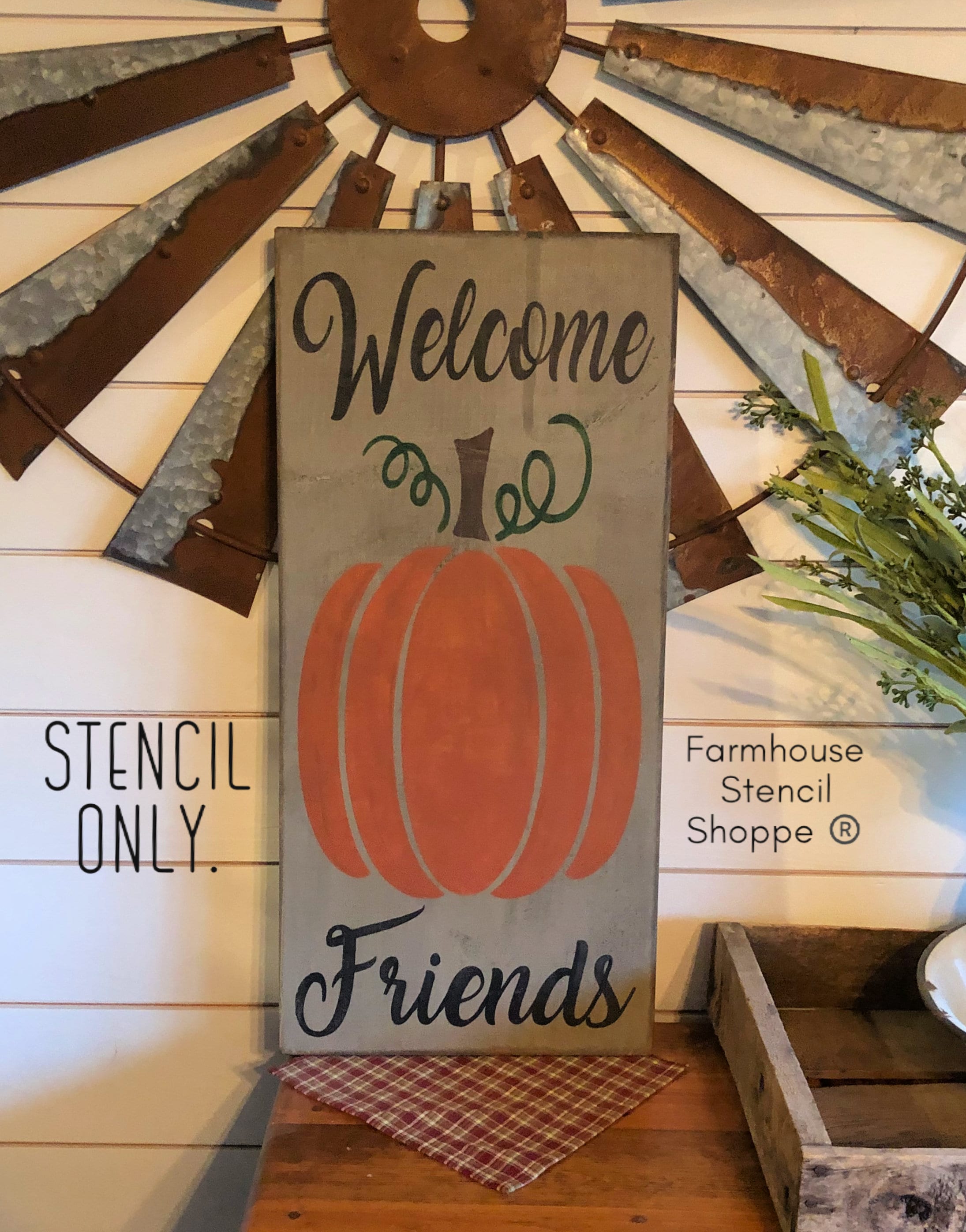 STENCIL Welcome Friends With Large Pumpkin | Etsy