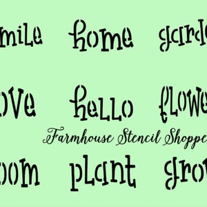 May include: Nine black and white stencils with words related to gardening and home decor. The words are: Smile, Home, Garden, Love, Hello, Flowers, Bloom, Plant, Grow. The text "Farmhouse Stencil Shoppe" is written in cursive below the stencils.