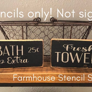 Stencil Set, Small Bathroom Set, Hot Bath, Fresh Towels, 8"x3", 2 pc stencil set, 5 Mil Stencils, NOT SIGNS!