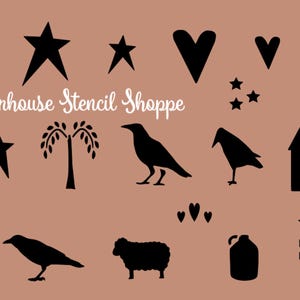 May include: A collection of black stencils on a tan background. The stencils include stars, hearts, crows, a sheep, a house, and a tree. The text "Farmhouse Stencil Shoppe" is written in a cursive font.