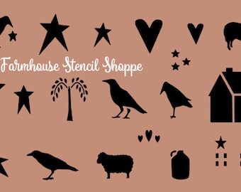 May include: A collection of black stencils on a tan background. The stencils include stars, hearts, crows, a sheep, a house, and a tree. The text "Farmhouse Stencil Shoppe" is written in a cursive font.