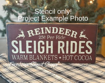 Reindeer Sleigh Rides Stencil - 12"x5.5", Reusable 5 Mil Mylar Stencil, NOT A SIGN