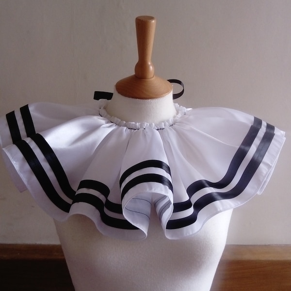 White Taffeta Black Ribbon Burlesque Sailor Pierrot Clown Ruff Collar Active