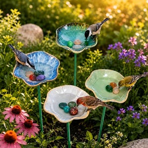 Peut inclure: Scène de jardin avec quatre abreuvoirs pour oiseaux en forme de fleur, bleus, verts et blancs, chacun avec une tige verte. De petits oiseaux boivent de l'eau et mangent des pierres colorées dans les abreuvoirs. Les abreuvoirs sont entourés de verdure et de fleurs.