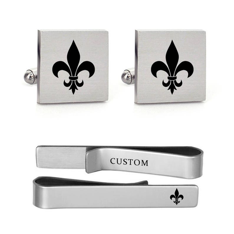 Cufflinks Engraved Fleur De LIs Mens French Shirt Business Wedding Anniversary Gift Round Square Cuff links /& Tie Clip Bar Tacks