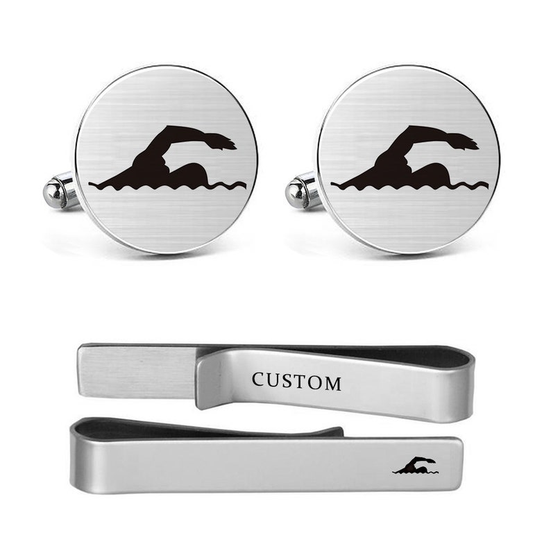 Swim Cufflinks Engraved Swimming Swimmer Swim Sign Stainless steel Wedding Birthday Jewelry Dad Groomsman Groom Tie Bar Tack Clips image 1