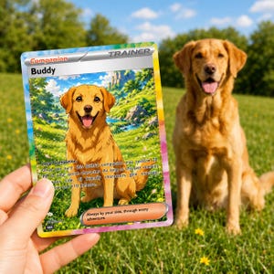 May include: A rectangular trading card featuring a golden retriever illustration with the text Buddy, Companion, Trainer, Loyal Companion, and Always by your side, through every adventure. The card has a colourful border and a rare rarity icon.