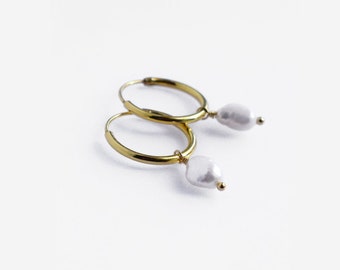 Pearl Hoop Earrings - Gold Plated Hoops with Freshwater Pearl - Silver Pearl Earrings - Minimal Summer Jewelry - Barroque Pearl Hoops Gold
