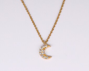 Moon Necklace - Tiny Moon Pendant - CZ Moon Necklace - Golden Moon - Silver Crecent Moon Necklace - Zirconia Moon - Minimal Moon Necklace