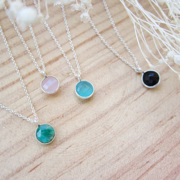 Silver Stone Necklace - Gemstone Pendant Necklace - Ruby Little Pendant - Black Onyx - Emerald - Rose Quartz - Moonstone - Tiny Gem Pendant