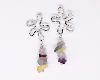 Rainbow Fluorite Earrings - Silver Flower Earrings with Gemstones - Raw Crystal Earrings - Crystal Drop Earrings - Daisy Dangle Earrings