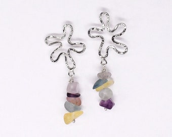 Rainbow Fluorite Earrings - Silver Flower Earrings with Gemstones - Raw Crystal Earrings - Crystal Drop Earrings - Daisy Dangle Earrings