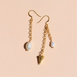 Sea Shell Dangle Earrings - Golden Pearl Earrings - Sea Snail Long Earrings - Sterling Silver Conch Drop Earrings - Summer Jewels Pearl
