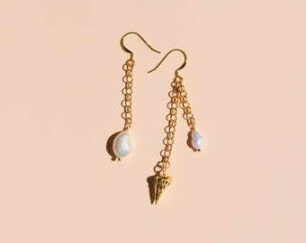 Sea Shell Dangle Earrings - Golden Pearl Earrings - Sea Snail Long Earrings - Sterling Silver Conch Drop Earrings - Summer Jewels Pearl