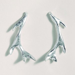 Silver Antler Earrings - Deer Horns Silver Earrings - Antler Big Stud Earrings - Gold Plated Antler Jewelry