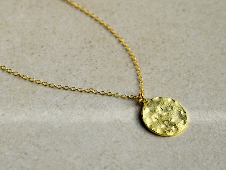 Hammered Coin Necklace Gold Plated Disc Necklace Coin Charm Necklace Silver Disc Pendant Golden Coin Pendant Necklace Textured image 1