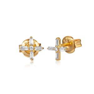 Cross CZ Earrings - Tiny Earrings - Gold CZ Earrings - Minimal Earrings - Dainty Stud Earrings - Delicate Earrings - Silver Zirconia Studs