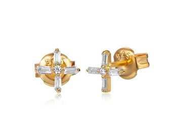 Korsörhängen med CZ - Små örhängen - Guldörhängen med CZ - Minimalistiska örhängen - Eleganta örhängen - Fina örhängen - Silverzirkoniaörhängen