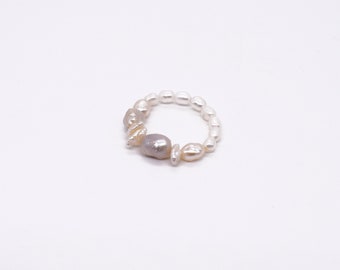 Barokke Parels Ring - Elastische Ring met Zoetwater Parels - Gemengde Parels Ring - Echte Zoetwater Parels Ring - Chunky Pearls Ring