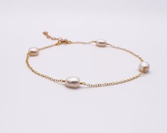 Pärlofotlänk - Silverpärlofotlänk - Sötvattenspärla - Sommarsmycken - Armband med gyllene pärlor - Minimalistiska juveler - Barockpärlofotlänk