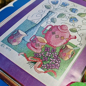 Vintage Cross Stitch Kit by Trio 3, Tea Time and Flowers Cross Stitch, 2002 Cross Stitch Kit