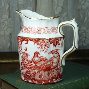 Vintage Royal Crown Derby Pitcher Creamer, English Bone China Red Aves Pitcher, Red Aves Creamer, 1920-1940 Pitcher