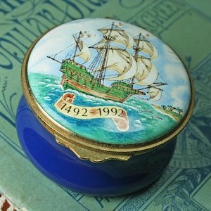 Vintage Collectible Santa Maria Ship Box, Birmingham Enamels, Cobalt Blue, Ship Boat, Limited Edition, Hand Painted Vintage Box, England