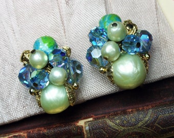 Pretty VENDOME Clip on earrings Aurora Borealis and blue Clay ball dangle clip on Earrings