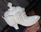 Glorious 1950s Fenton High Heel Boot Dish Hobnail Milk Glass Covered Dish
