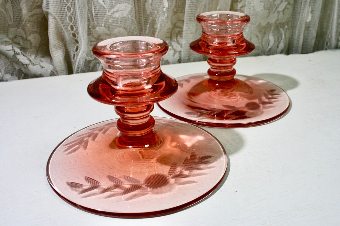 Vintage Etched Glass Candle Holders, Vintage Candle Holders, Pink Glass