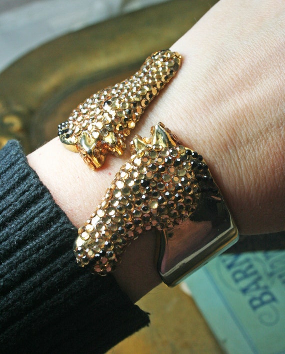 Vintage Horse Cuff Bracelet, Golden Pave Rhinesto… - image 5