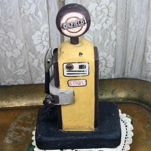 Vintage Wood Folk Art Gas Pump, Oilfield Ethyl Handmade Sculpture Memorabilia, Yellow and Black Gas Pump Figurine