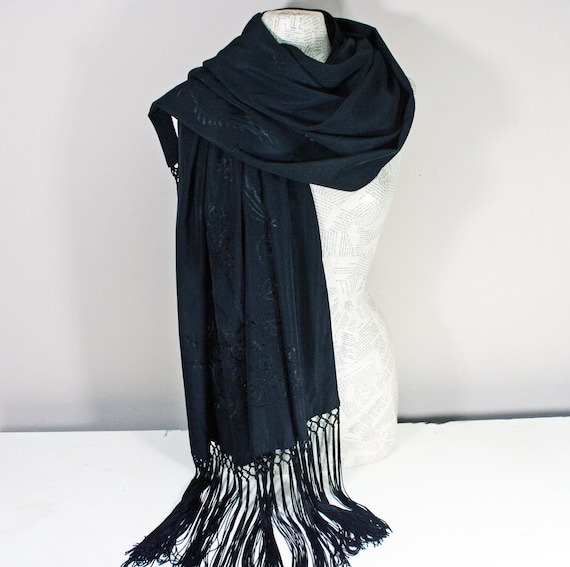 Vintage French Black Silk Scarf Shawl, Black Scarf