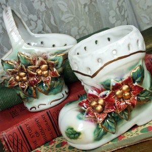 Vintage Christmas Decor Set, Christmas Boot, Christmas Basket, Santa Boot Figurine Planter