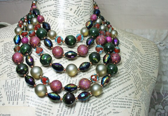 Vintage 5 Strand Beaded Necklace, Graduated 5 Stra