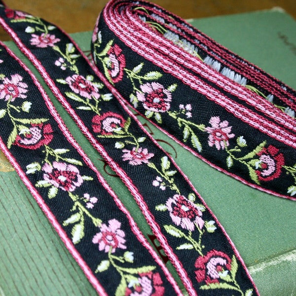 1960's Vintage Embroidered Trim, Black and Pink Vintage Trim, Retro Fabric Trim