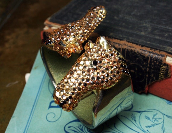 Vintage Horse Cuff Bracelet, Golden Pave Rhinesto… - image 2