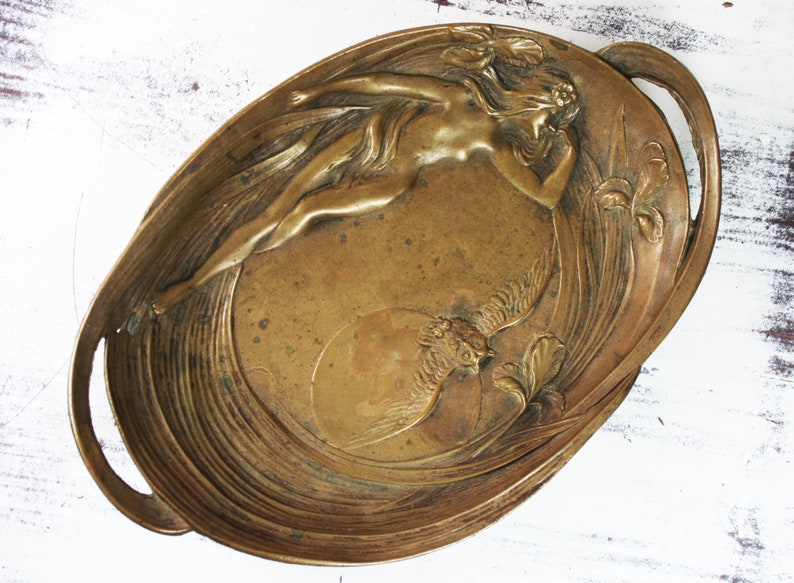 Rare Antique Original Art Nouveau Tray, Bronze Over Pewter Heavy Sculpture Tray, Finely Detailed Bronze Antique Decorative Tray