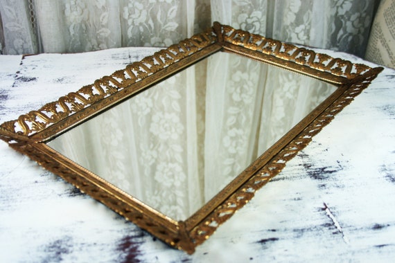 Vintage Filigree Gold Lace Mirror Vanity Tray Vintage Dresser Etsy