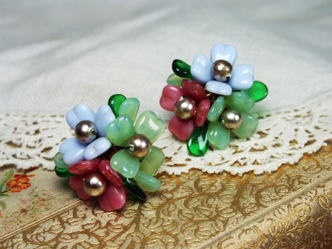 Vintage Flower Cluster Screw Back Earrings Spring Colors Etsy